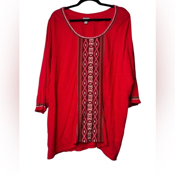 J. Jill Cotton Red V Neck Floral Embroidered Bohemian Long Sleeved Top Size 3X - Picture 1 of 8